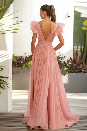 Rose A Ligne Volants Col V Longue Robe D’invité De Mariage
